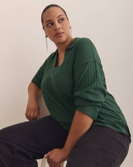 Ribbed Knit Polo Sweatshirt