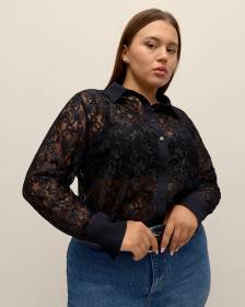Black Lace Buttoned Down Shirt - Addition Elle Black Lace Buttoned Down Shirt - Addition Elle