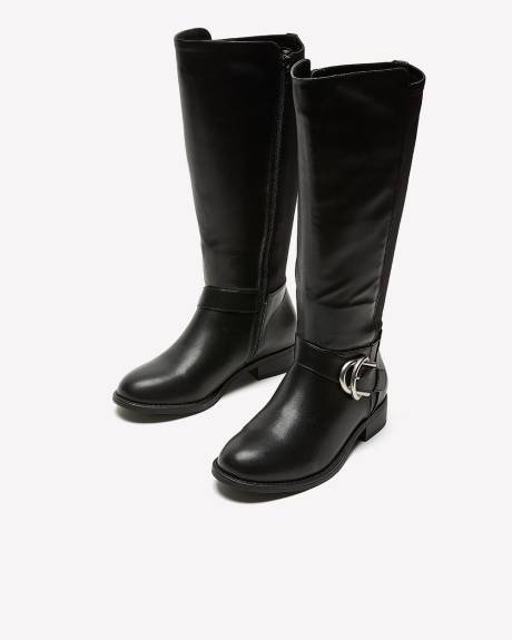 Extra Wide Width, Tall Black Faux Leather Boot with Buckle