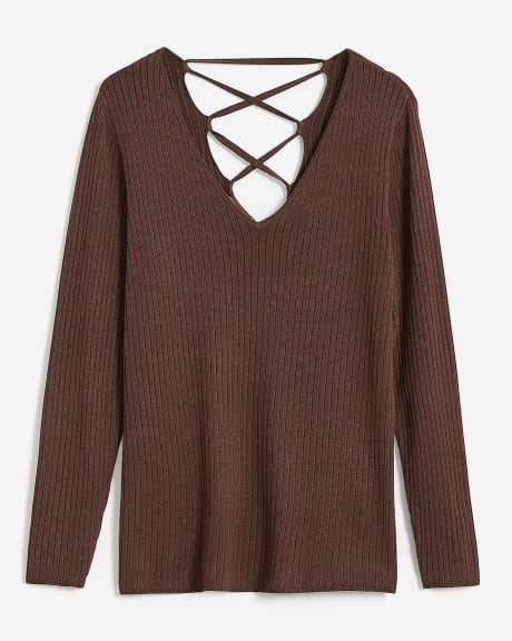 Ribbed Lace-Up Back Sweater - Addition Elle