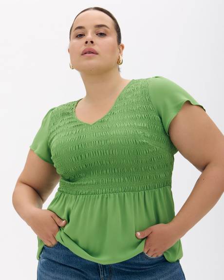 Blouse with Smocking, Short Flutter Sleeves - Addition Elle