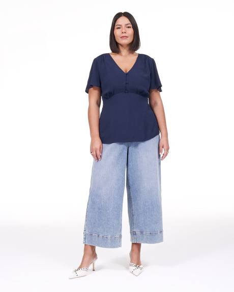 Short-Flutter-Sleeve Blouse with Buttoned V Neckline - Addition Elle