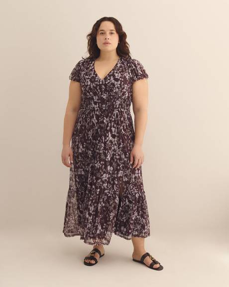 Floral Mesh V-Neck Tiered Maxi Dress - Addition Elle
