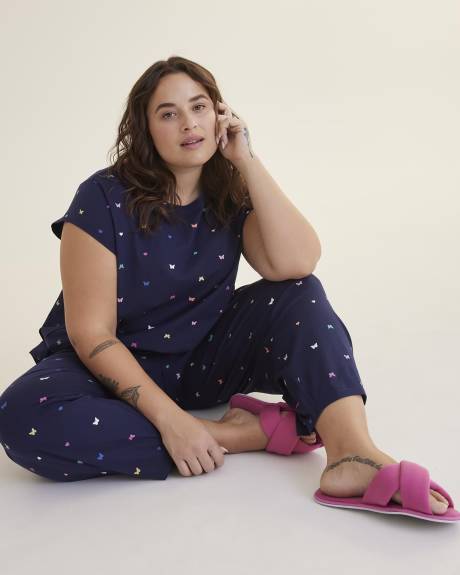 Printed Cap-Sleeve Pyjama Top with Open Crossover Back - ti VOGLIO