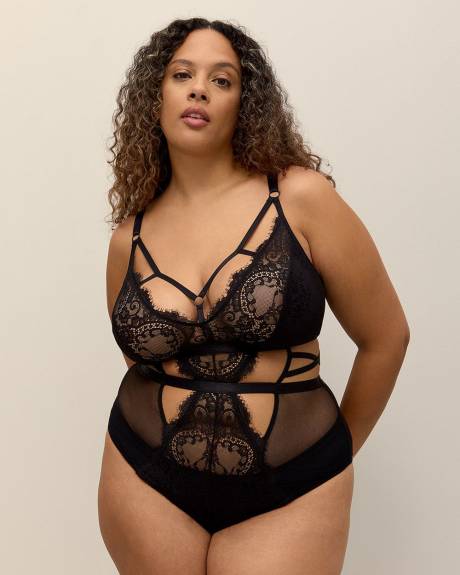 Underwire Bodysuit with Scalloped Lace and Fishnet Mesh - Déesse Collection