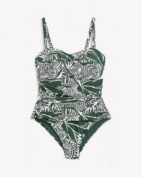 Foliage-Print Twisted Bandeau One-Piece Swimsuit