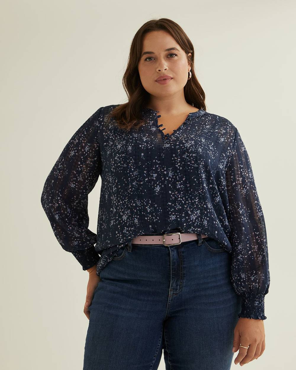 Floral Blouse with Split Neckline and Smocked Cuffs