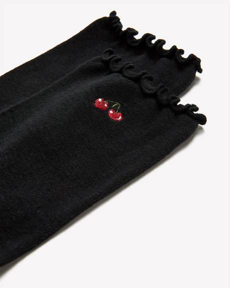 Black Lettuce-Edge Crew Socks with Embroidered Cherries