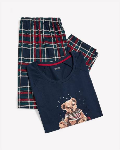 Teddy Bear and Plaid Print Knit Tunic Top and Legging Pyjama Set - ti Voglio
