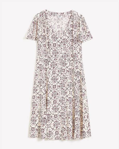 Responsible, Printed Flutter-Sleeve V-Neck Dress with Godets
