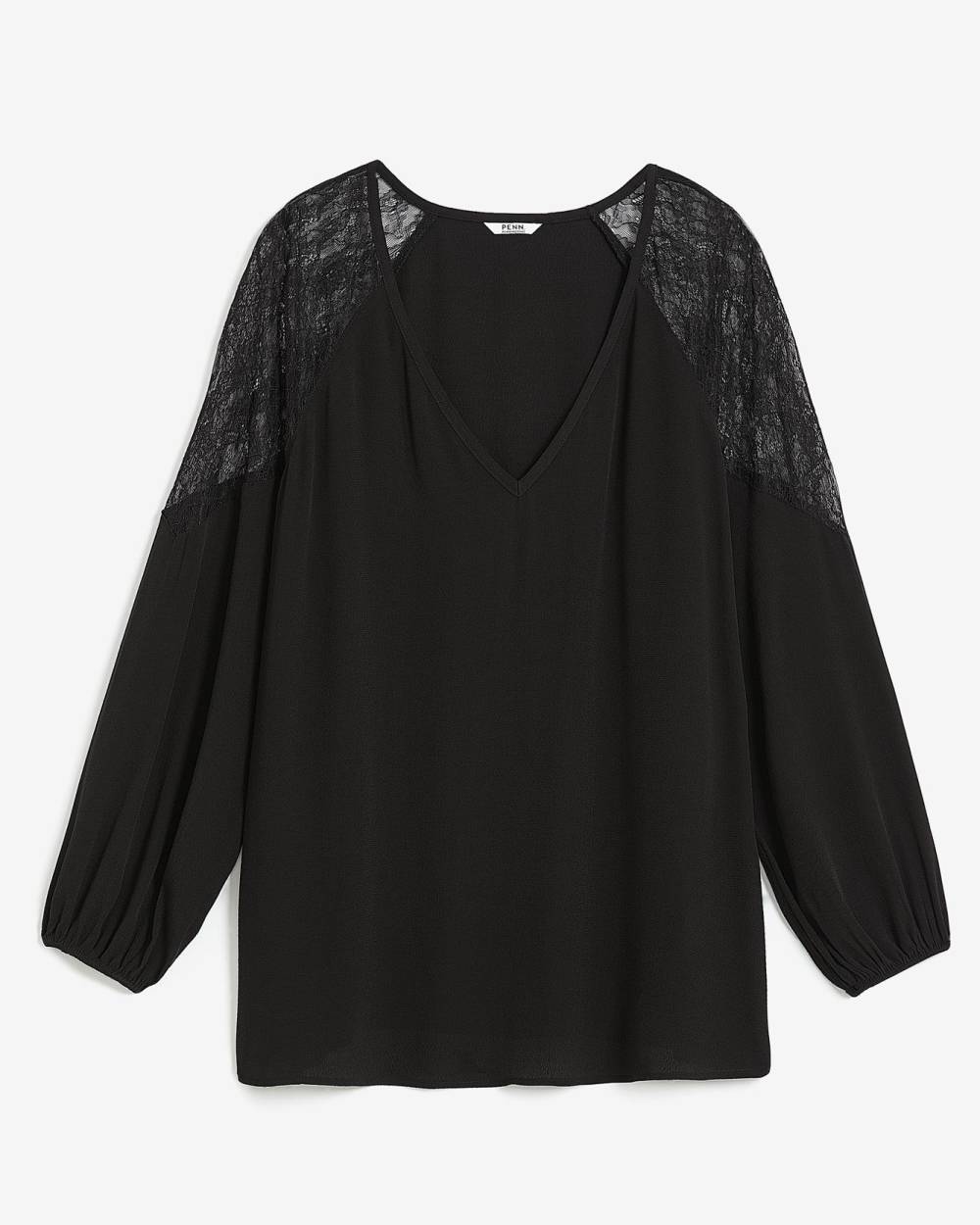 Black V-Neck Blouse with Lace Shoulder Inserts  Penningtons