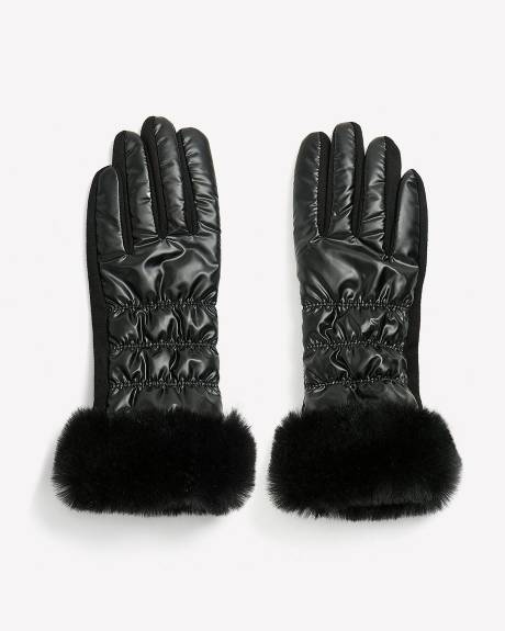 Black Quilted Gloves with Faux-Fur Trim