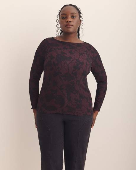 Boat-Neck Knit Top with Lettuce-Edge Sleeves - Addition Elle