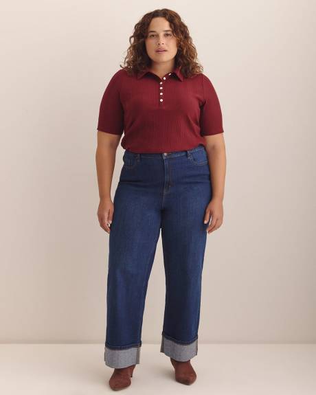 Ribbed Elbow-Sleeve Polo Knit Top