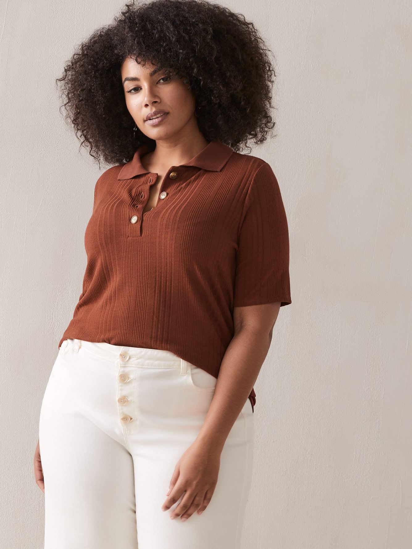 Solid Polo Shirt with Ribbed Knit Penningtons