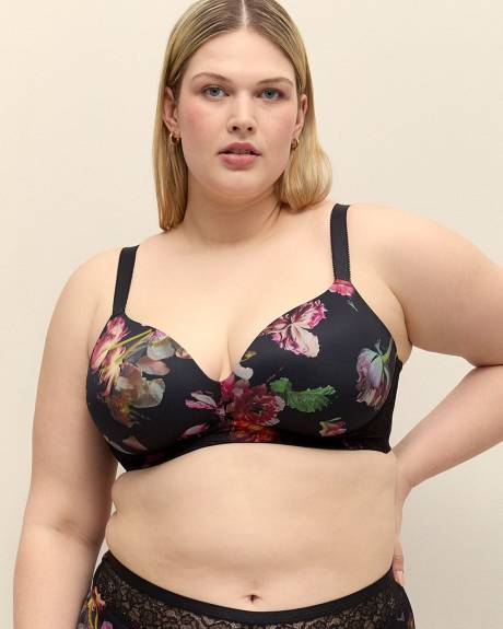 Wireless Floral Plunge Bra with Lace Trims - Déesse Collection