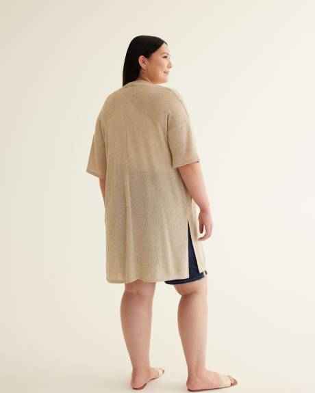 Long Knit Cardigan with Short Kimono Sleeves