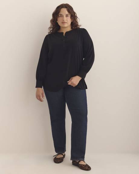 Long-Sleeve Tunic Blouse with Buttoned Crewneck