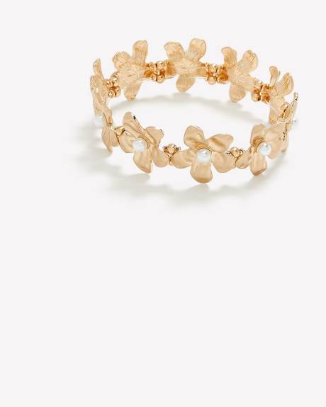 Golden Stretch Flower Bracelet with Pearls