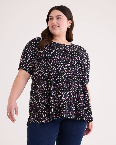 Printed Elbow-Sleeve Sweetheart Swing Top