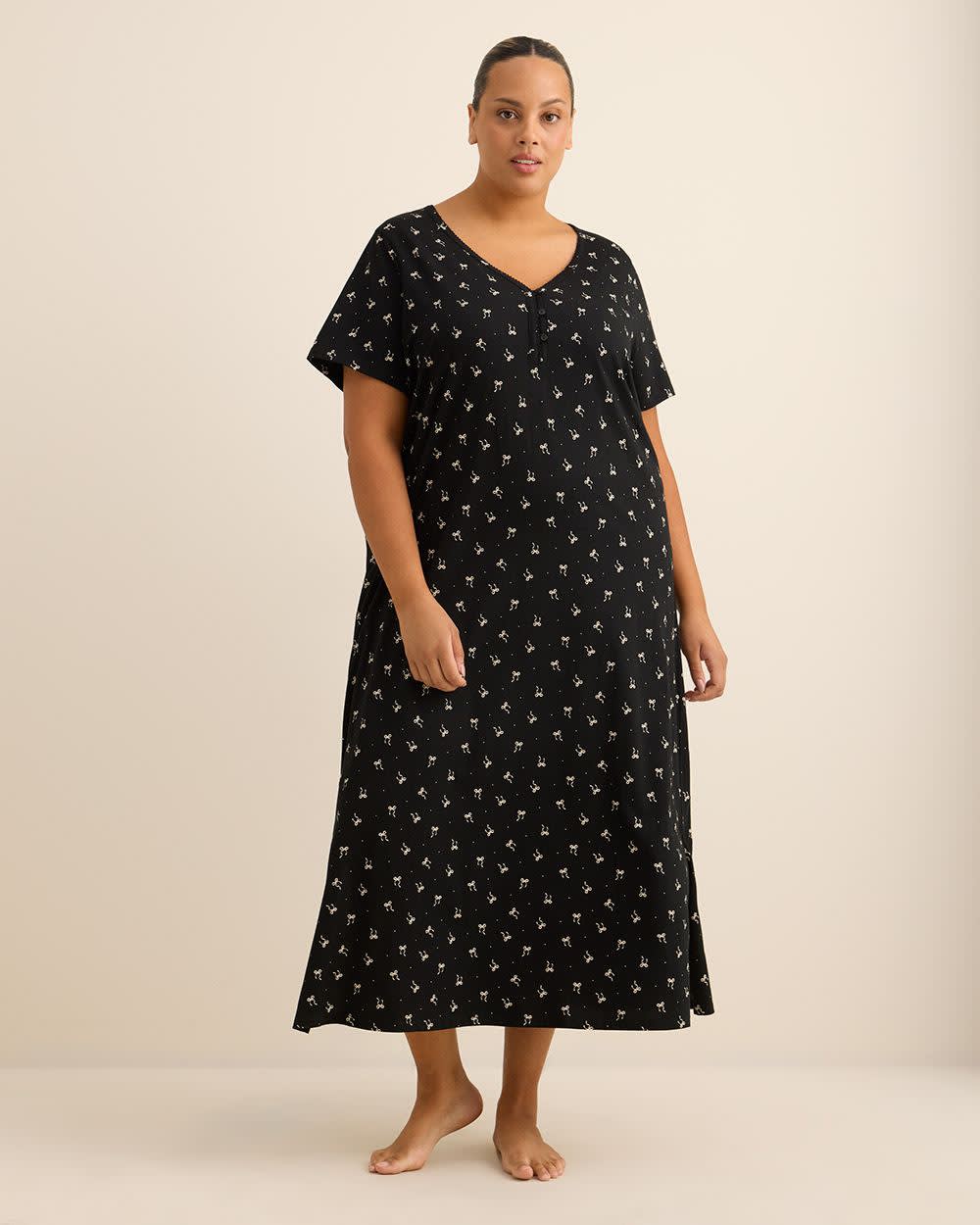 Long Black Short-Sleeve Knit Sleepshirt with Bow Print - ti Voglio Long Black Short-Sleeve Knit Sleepshirt with Bow Print - ti Voglio