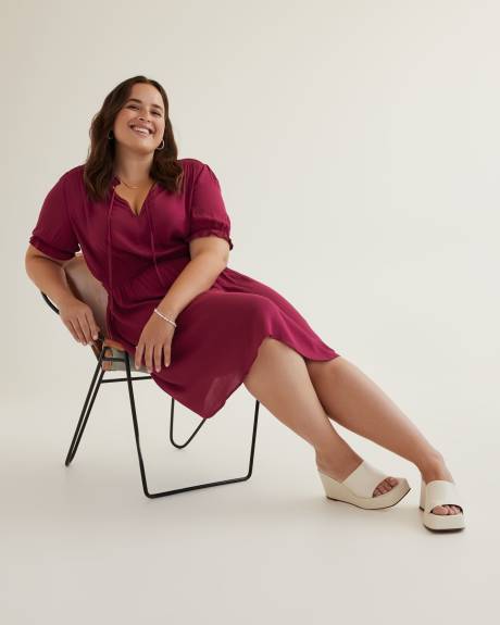 Fit and Flare Woven Dress with Short Balloon Sleeves