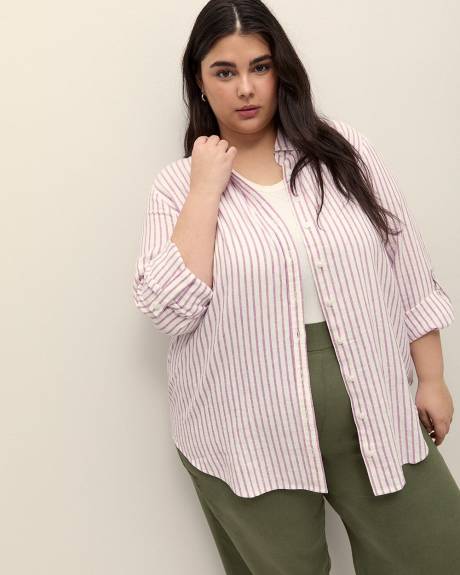 Striped Linen Blend Buttoned Down Shirt with Rolled-Up Sleeves