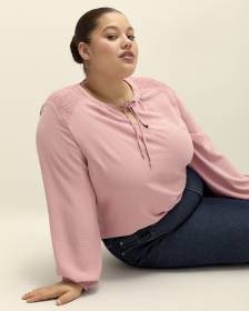 Split-Neck Blouse with Smocked Shoulders