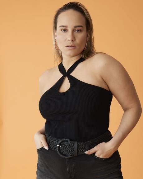 Black Ribbed Halter Sweater with Front Keyhole - Addition Elle