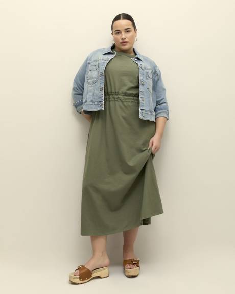 Maxi Dress with Embroidered Neckline and Tied Waistband