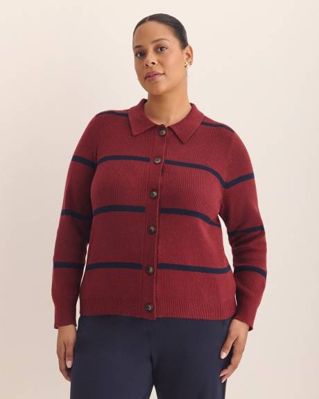 Responsible, Striped Buttoned-Down Polo Sweater Cardigan