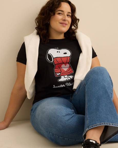 T-shirt noir &agrave; manches courtes avec imprim&eacute; de Snoopy