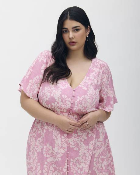 Buttoned Midi Dress with Flutter Sleeves - Addition Elle