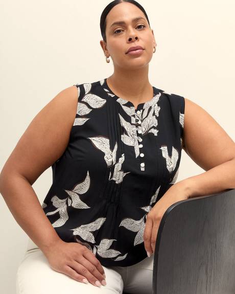 Responsible, Sleeveless Mao Collar Pintuck Blouse
