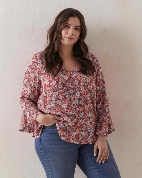 Printed V-Neck Blouse With Ruffles - In Every Story