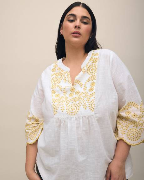 3/4-Sleeve Split-Neck Cotton Blouse with Embroidery