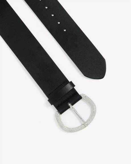 Black Elastic Belt with Silver Rhinestone Buckle