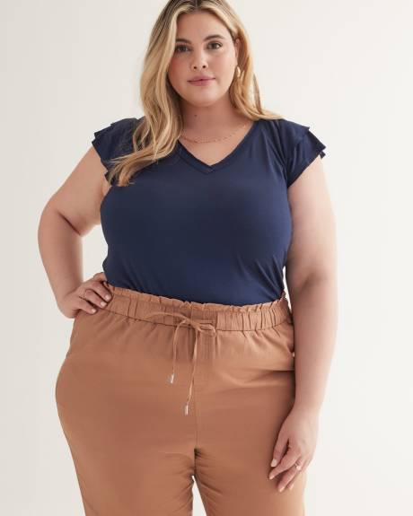 V-Neck Knit Top with Double Flutter Sleeve