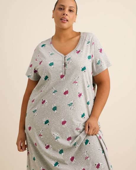 Long Grey Heather Knit Sleepshirt with Dalmatian Print - ti Voglio Long Grey Heather Knit Sleepshirt with Dalmatian Print - ti Voglio