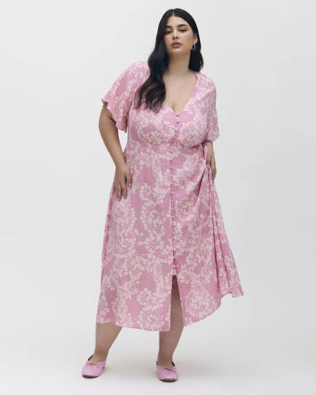 Buttoned Midi Dress with Flutter Sleeves - Addition Elle