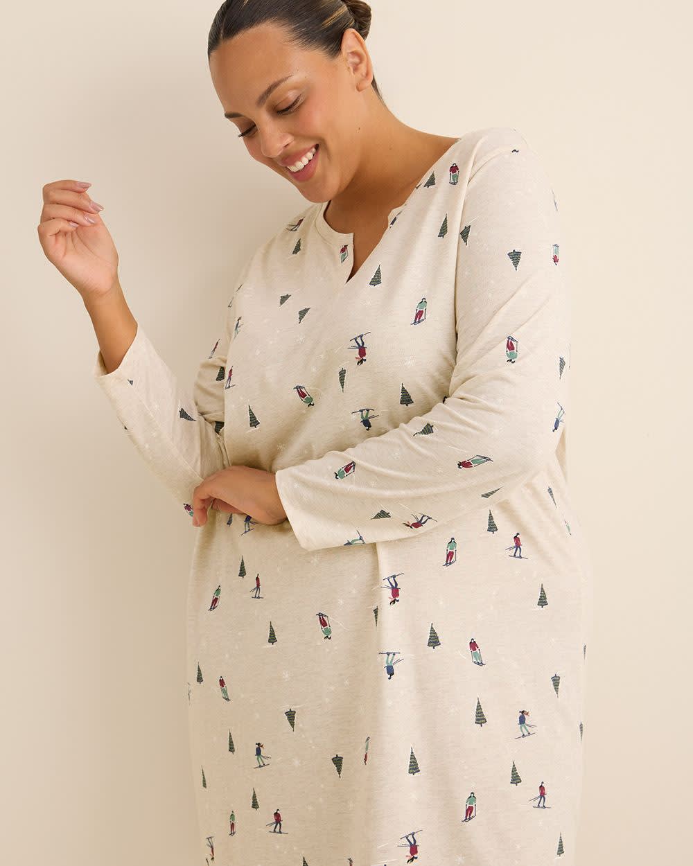 Ski-Print Long-Sleeve Heather Knit Sleepshirt - ti Voglio Ski-Print Long-Sleeve Heather Knit Sleepshirt - ti Voglio