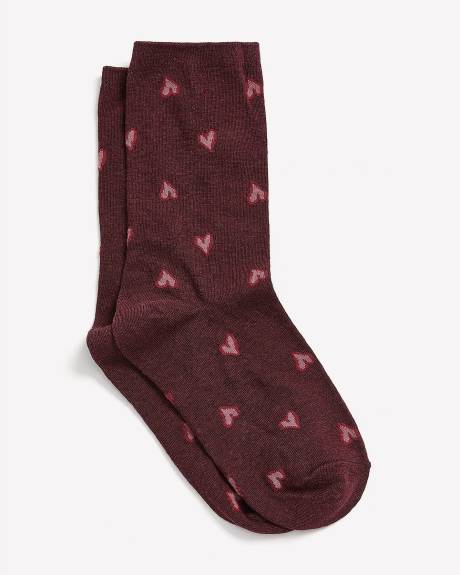 Burgundy Crew Socks, Heart Print