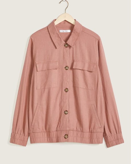 Solid Linen Blend Bomber Jacket With Shirt Collar - In Every Story