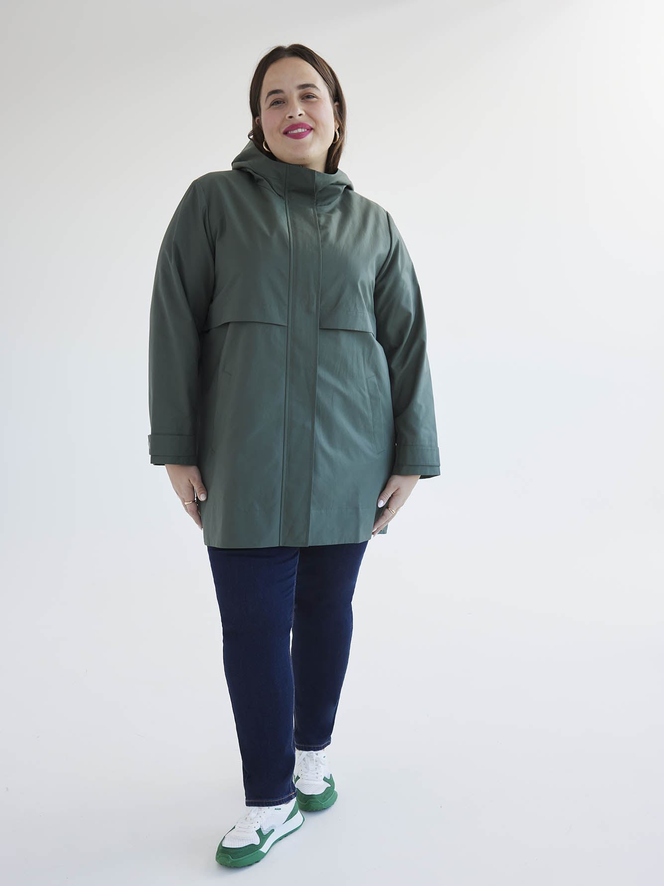 Water-Repellent Hooded Coat with High-Low Hem