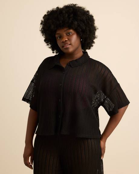 Black Crochet Buttoned-Down Top
