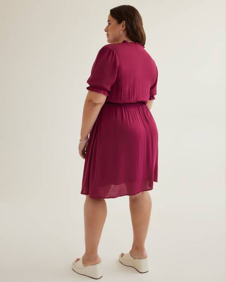 Fit and Flare Woven Dress with Short Balloon Sleeves