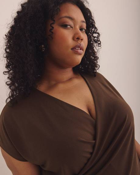 Overlap-Front Knit Top with Shirring at Side