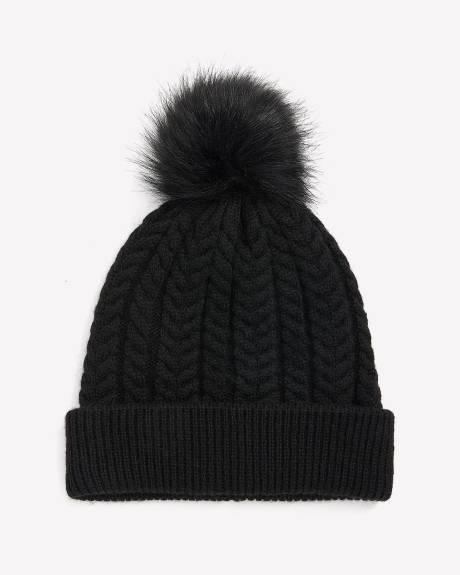 Black Cable Knit Cuff Beanie with Pom | Penningtons
