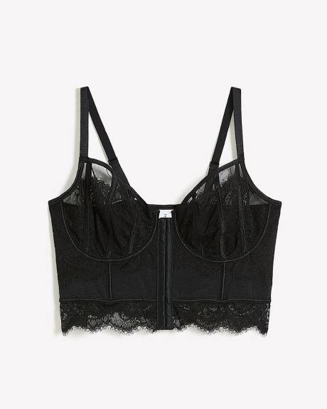 Bustier sexy noir en maille et dentelle à fermoir avant - Déesse Collection