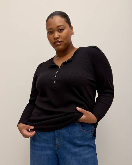 Long-Sleeve Waffle Knit Henley Top